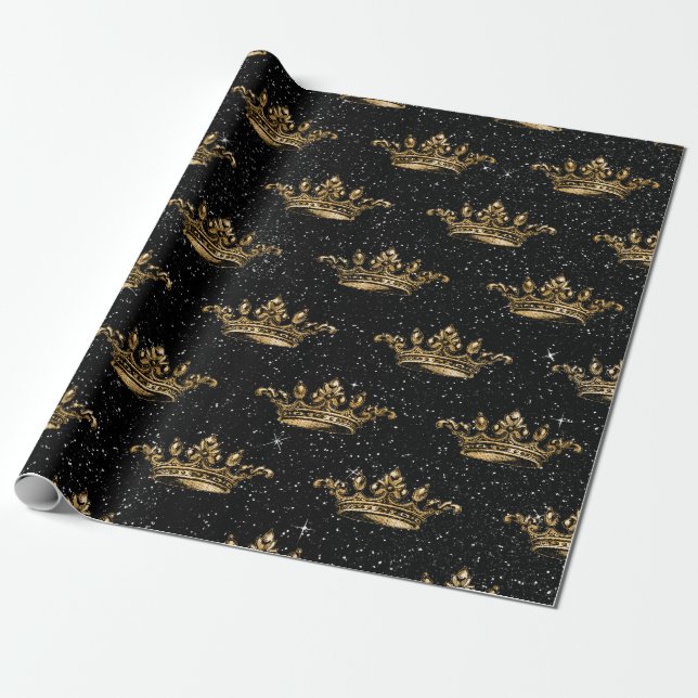 Papel De Presente Padrão de Coroa Glam Black e Dourado (Desenrolado)