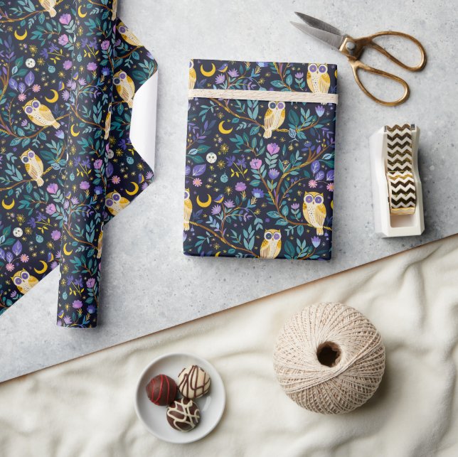 Papel De Presente Padrão de Coruja Noturna Whimsical - Floresta Enca (Artesanato)