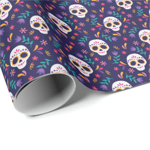 Papel De Presente Padrão de Crânio de Açúcar Floral Roxo
