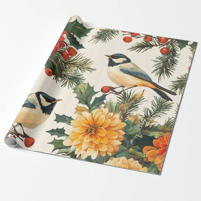 Papel De Presente Padrão de Creme de Natal de Chapim Dália Carmesim (Desenrolado)