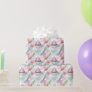 Papel De Presente Padrão de Cupcake em Aquarela Rosa Pastel 