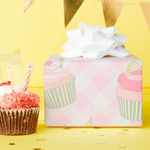 Papel De Presente Padrão de Cupcakes Fofos em Xadrez Rosa Pastel
