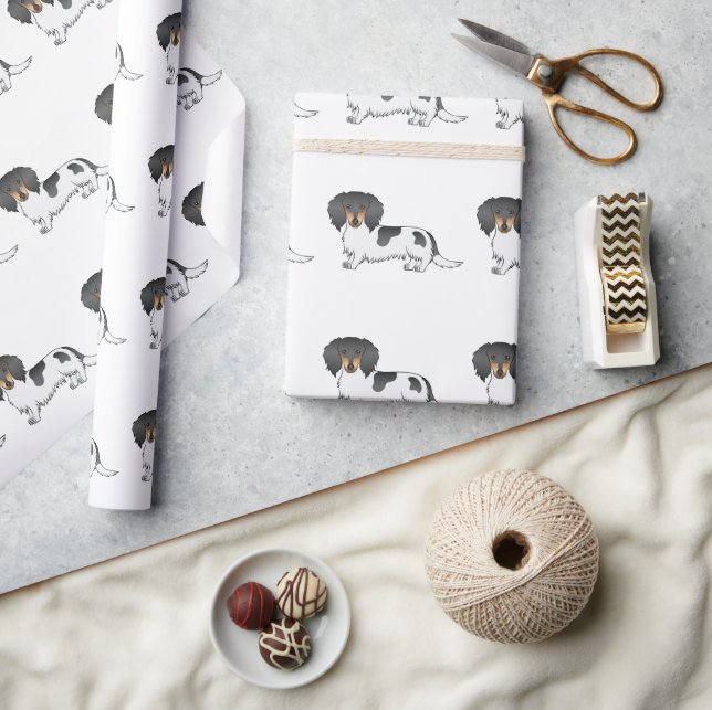 Papel De Presente Padrão de Dachshund de Cabelo Longo Preto e Bege M (Artesanato)