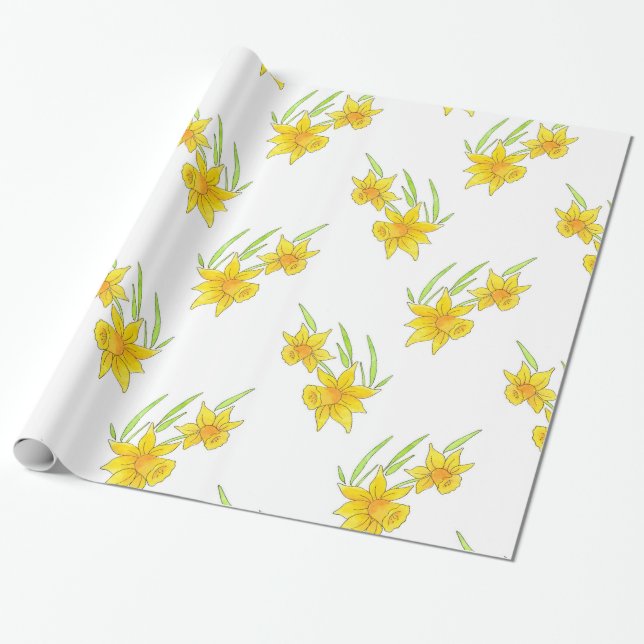 Papel De Presente Padrão de Daffodil Pan e Watercolor (Desenrolado)