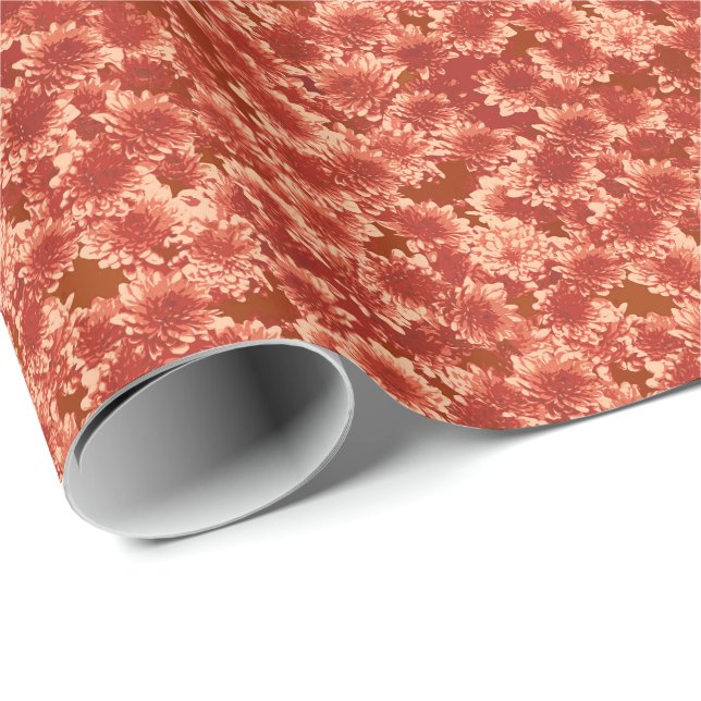 Papel De Presente Padrão de Dahlia Gráfico Moderno, tangerina Laranj (Ponta do rolo)