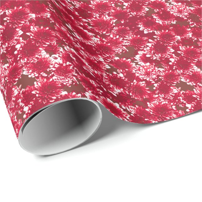 Papel De Presente Padrão de Dahlia Gráfico Moderno, Vermelho Escuro  (Ponta do rolo)