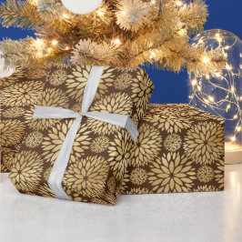 Papel De Presente Padrão de dálias marrons e dourados elegantes  