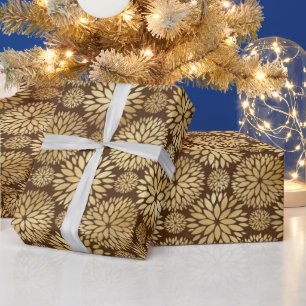 Papel De Presente Padrão de dálias marrons e dourados elegantes  