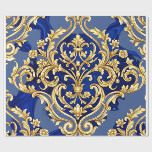 Papel De Presente Padrão de Damasco Barroco Azul Real e Dourado