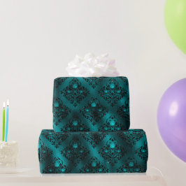 Papel De Presente Padrão de Damasco com Glitter Glam em Tom de Azul 