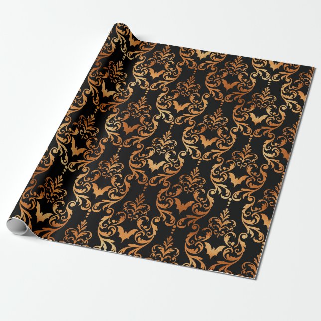 Papel De Presente Padrão de damasco de Halloween preto e cobre (Desenrolado)