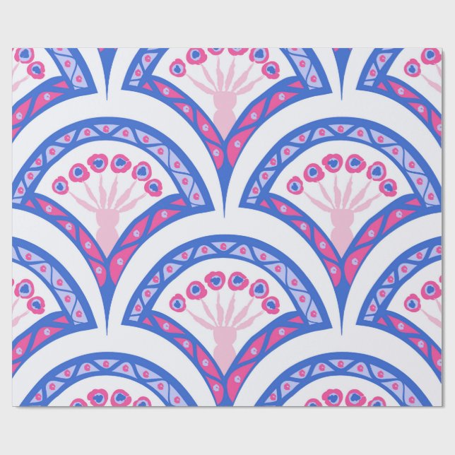 Papel De Presente padrão de damasco floral azul (Aberto)