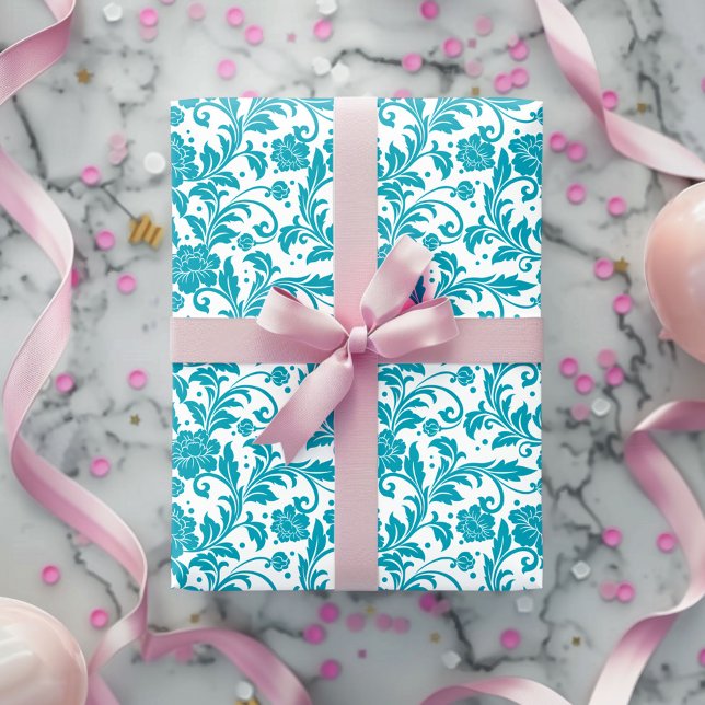 Papel De Presente Padrão de Damasco Floral Turquesa e Branco (Criador carregado)