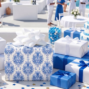 Papel De Presente Padrão de Damasco Mediterrâneo Azul Branco Elegant