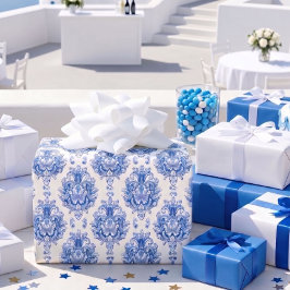 Papel De Presente Padrão de damasco mediterrâneo azul branco elegant