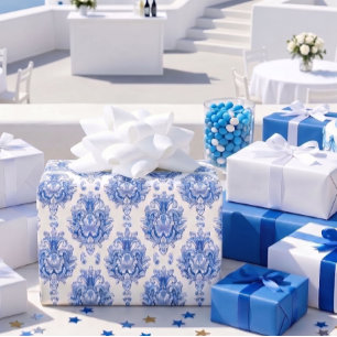 Papel De Presente Padrão de damasco mediterrâneo azul branco elegant