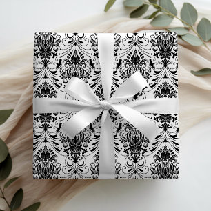 Papel De Presente Padrão de damasco ornamental vintage branco e pret