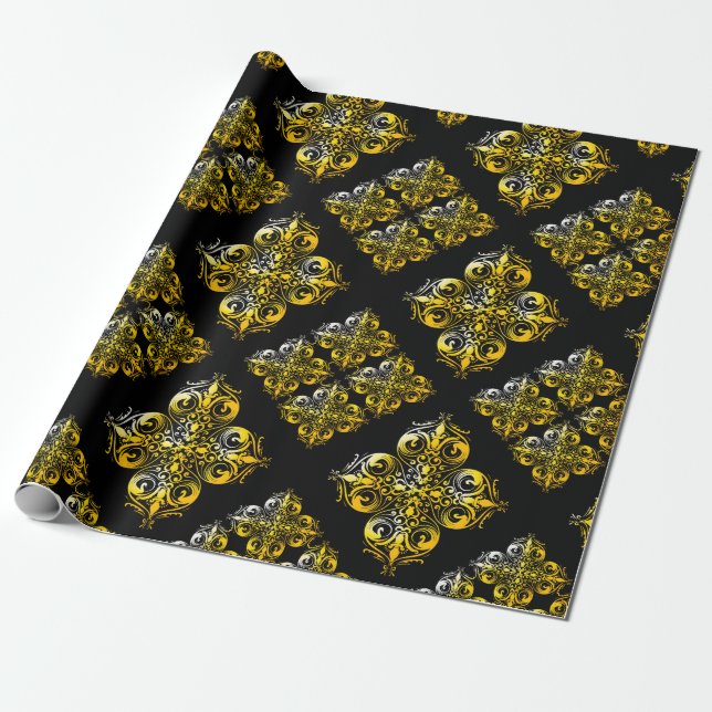 Papel De Presente Padrão de Damasco Preto e Dourado (Desenrolado)