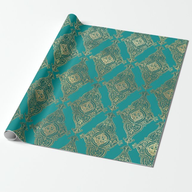 Papel De Presente Padrão de Damasco Turquesa e Dourado (Desenrolado)