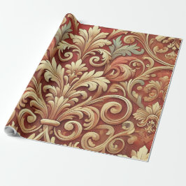 Papel De Presente Padrão de Damasco Vermelho e Dourado Vintage