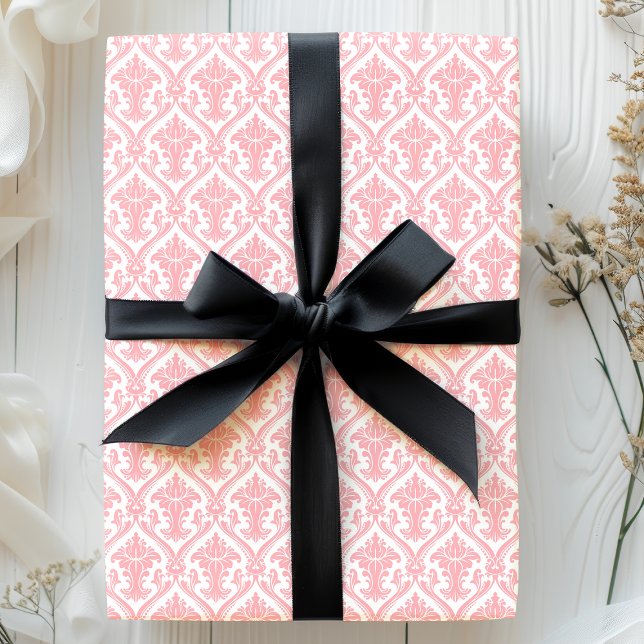 Papel De Presente Padrão de damasco vintage rosa e branco (Criador carregado)