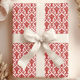 Papel De Presente Padrão de Damasco Vintage Vermelho e Branco