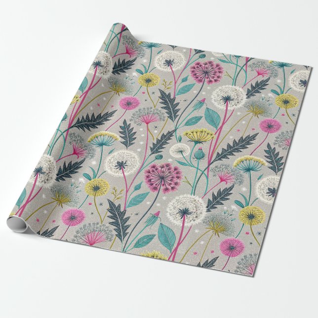 Papel De Presente Padrão de Dandelion e Foliage Insoltos (Desenrolado)
