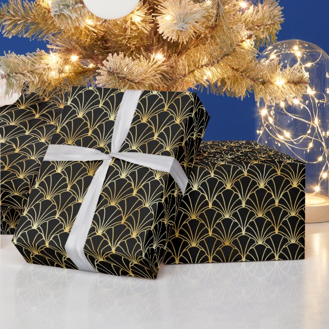 Papel De Presente Padrão de Deco de Arte Dourada e Negra (Feriados)