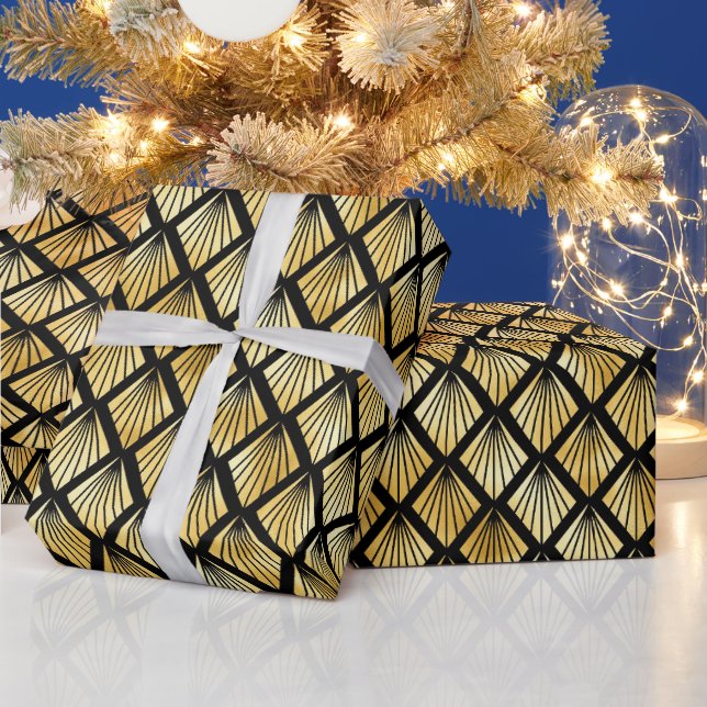 Papel De Presente Padrão de Deco de Arte em Diamante Dourado e Preto (Feriados)