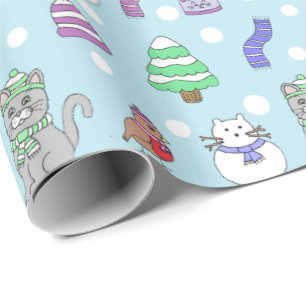 Papel De Presente Padrão de Desenhos à Mão de Gato de Neve de Invern