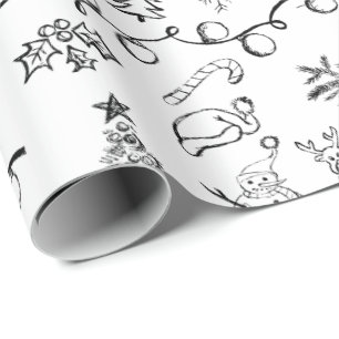 Papel De Presente Padrão de Desenhos de Natal Preto e Branco