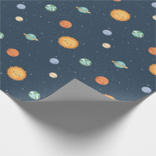 Papel De Presente Padrão de Desenhos Espaciais do Sol Alegre e Plane