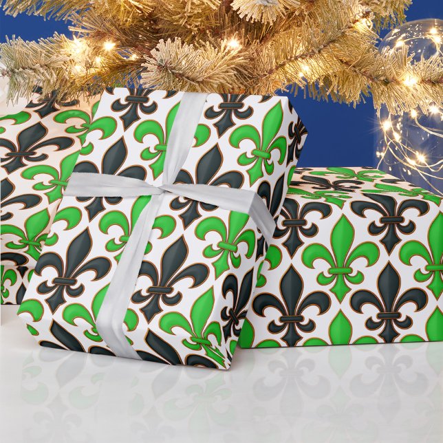 Papel De Presente Padrão de Design Barroco Flor-de-lis Preto Verde (Criador carregado)