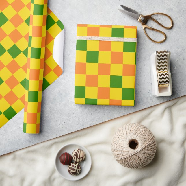 Papel De Presente Padrão de Design Xadrez Laranja Amarelo Verde (Artesanato)