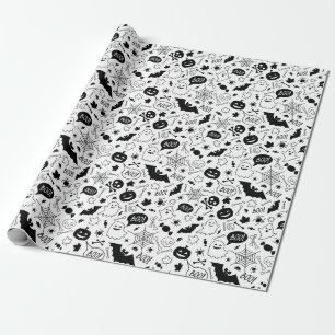 Papel De Presente Padrão de Dia das Bruxas Preto e Branco