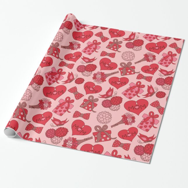 Papel De Presente Padrão De Dia de as mães Vermelho E Rosa (Desenrolado)