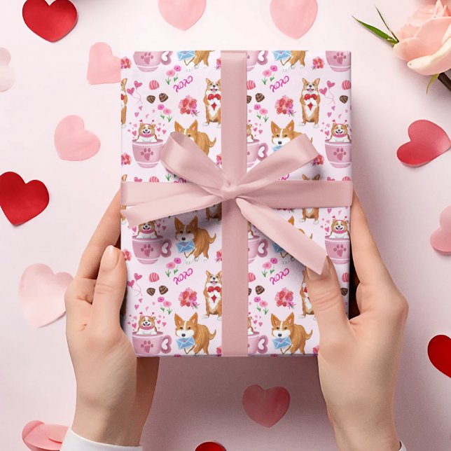 Papel De Presente Padrão de Dia do Namorados Feliz (A sweet Corgi Valentine's Day wrapping paper for your sweetheart!)