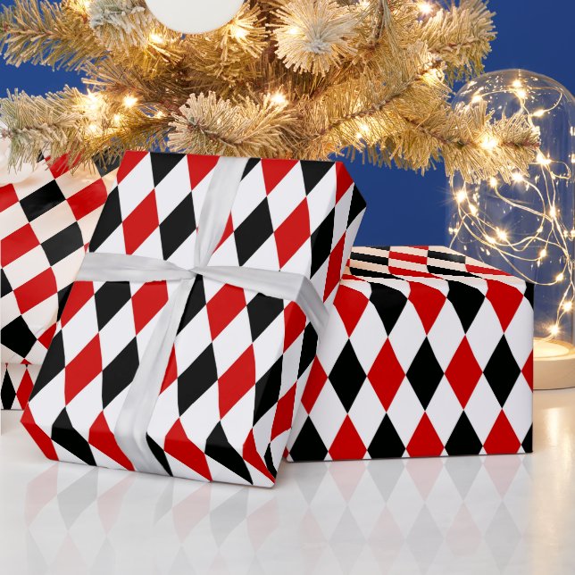 Papel De Presente Padrão de Diamante Arlequim Vermelho Branco Preto (Feriados)