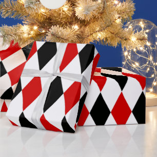 Papel De Presente Padrão de Diamante Arlequim Vermelho Branco Preto