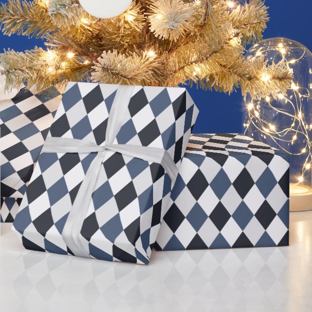 Papel De Presente Padrão de Diamante Harlequim Cinza e Branco (Feriados)