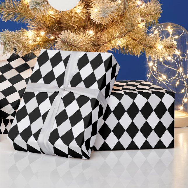 Papel De Presente Padrão de Diamante Harlequim Preto e Branco (Feriados)