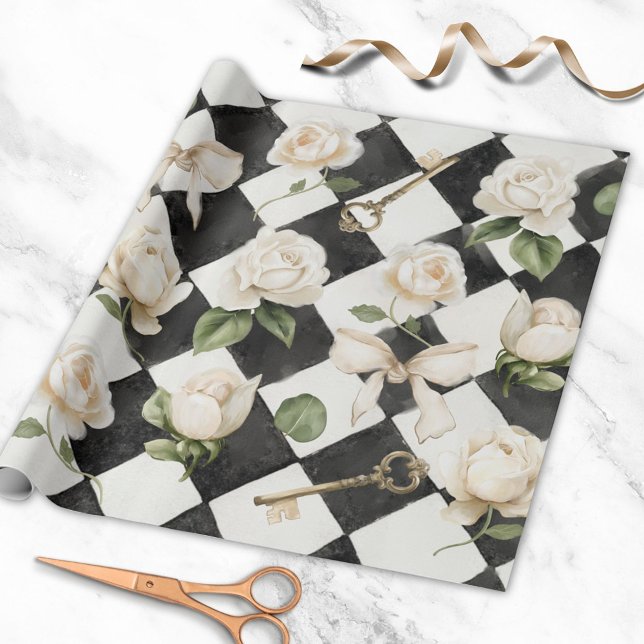 Papel De Presente Padrão de Diamante Preto e Branco de Flores de Ros (In situ)