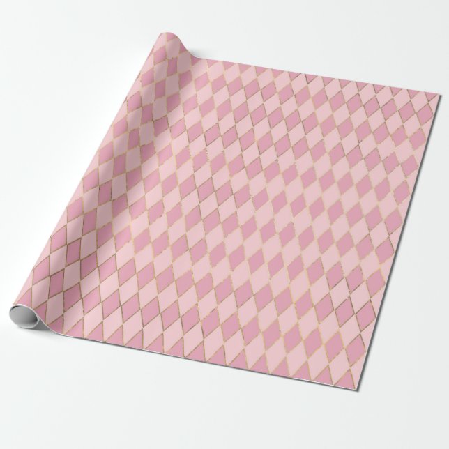Papel De Presente Padrão de diamante temático Paris dourado e rosa (Desenrolado)