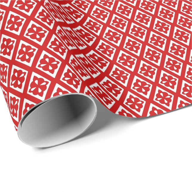 Papel De Presente Padrão de diamante - vermelho profundo e branco (Ponta do rolo)