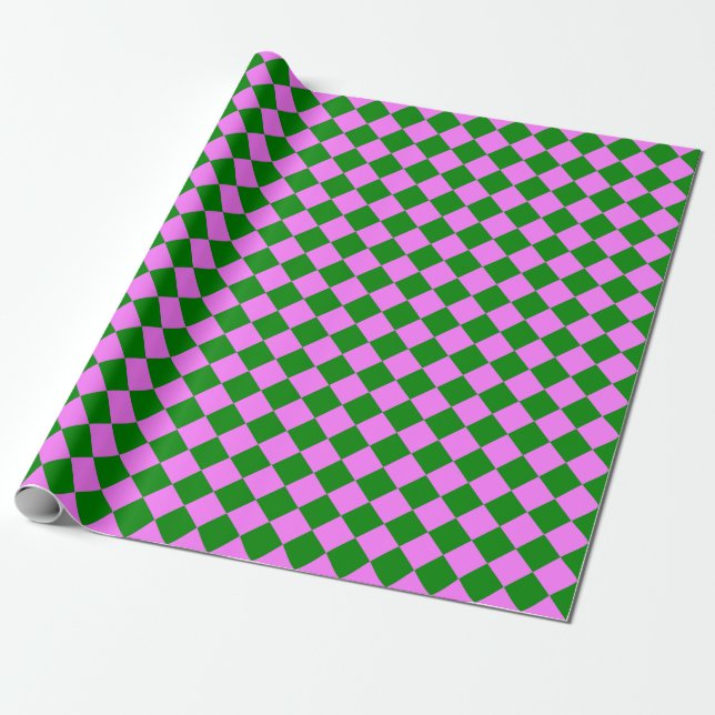 Papel De Presente Padrão de Diamante Xadrez Verde Rosa (Desenrolado)