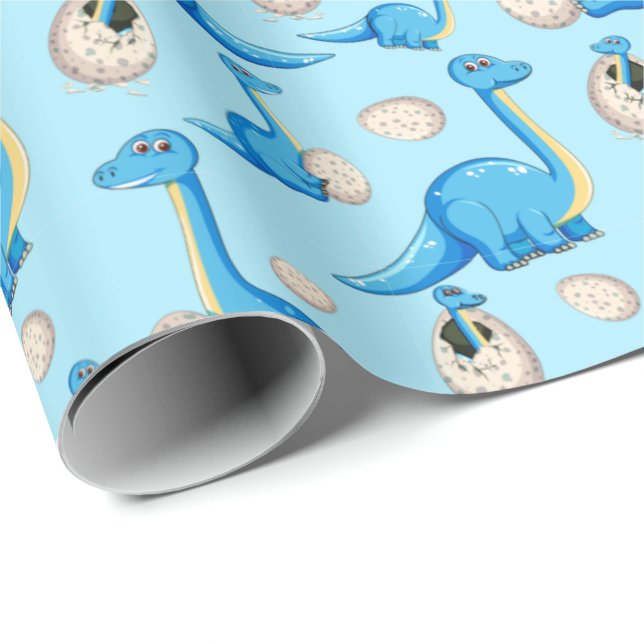 Papel De Presente padrão de dinossauro azul bonito com dino bebê (Ponta do rolo)