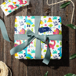 Papel De Presente Padrão de Dinossauro Colorido com Nome de Criança 