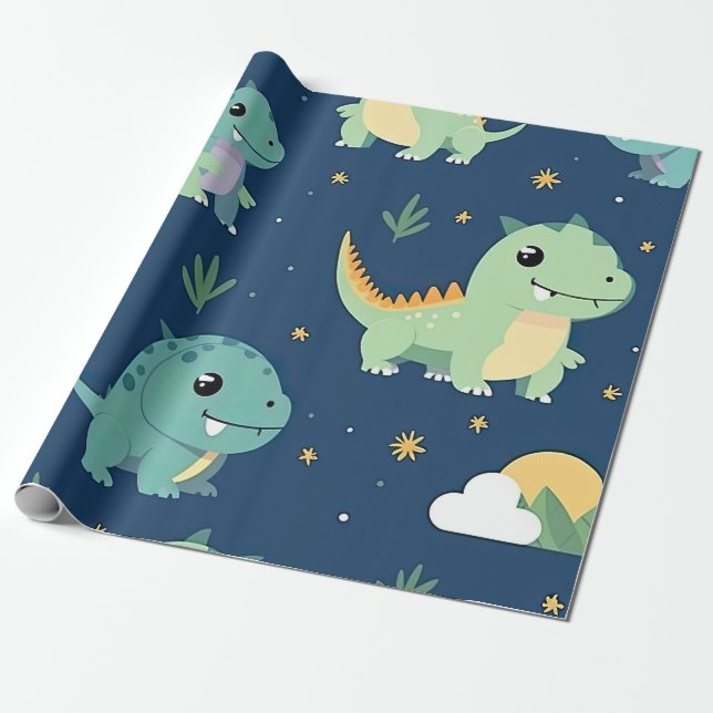 Papel De Presente Padrão De Dinossauro De Bebê Azul E Verde (Desenrolado)