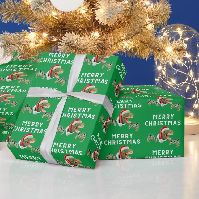 Papel De Presente Padrão de dinossauro T-Rex Feliz Natal (Feriados)