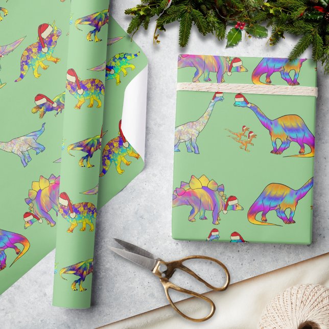 Papel De Presente Padrão de Dinossauros de Natal Usando Chapéus de P (Colorful Christmas dinosaurs wearing santa hats holiday wrapping paper)
